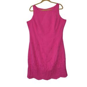 Jones New York Sz 16 Barbiecore Sleeveless Eyelet Linen Silk Dress Lined Pink A!